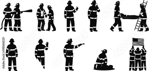 Firefighter Rescue Operations and Fire Truck Silhouette Vector