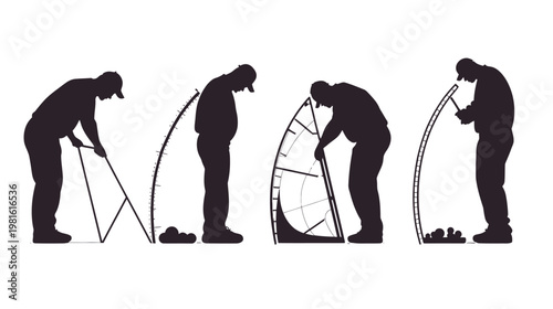 Four sequential silhouettes a person working with tools on a white background