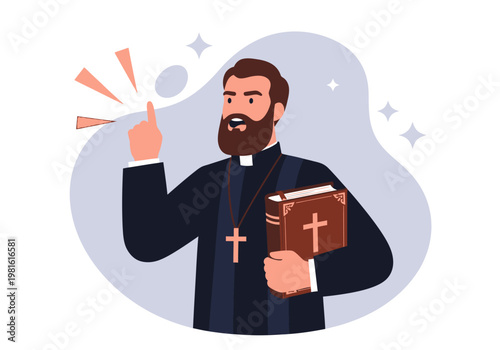 Christian Priest Holding Holy Bible and Preaching a Sermon Vector Illustration