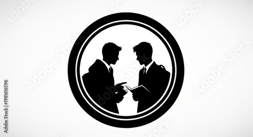 Silhouette of two men in suits exchanging information in a circle.