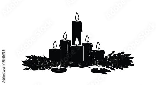 Warm glowing candles cast a comforting light amidst dark greenery