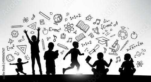 Silhouetted Children Surrounded by Educational Symbols - A Celebration of Learning.