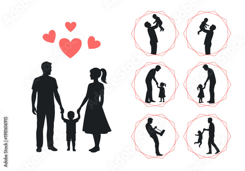 Family Silhouettes Vector Set: Father Mother and Child with Parenting Icons and Red Hearts
