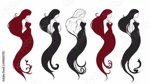 Silhouettes of five women with long flowing hair, wearing dresses. Alternating red and black