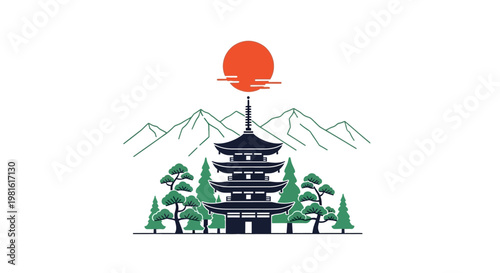 Asian Pagoda Mountain Sunset Scene.