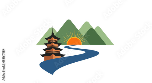 Asian Pagoda Mountain River Sunset.