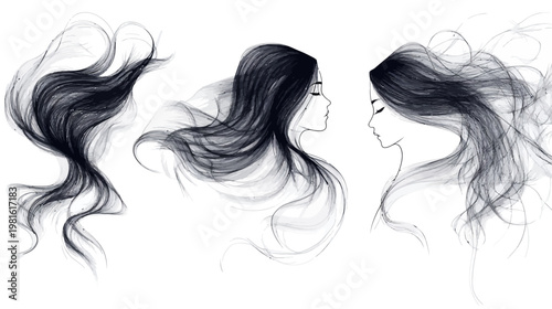Three stylized portraits, side profiles, featuring flowing, dark hair with watercolor effects