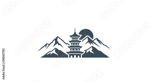 Asian Temple Mountain Landscape Icon.