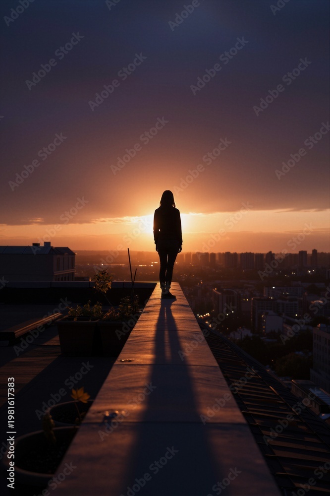 Fototapeta premium A solitary figure stands at the rooftop's edge, lost in thought as sunset casts warm golden hues over the cityscape.