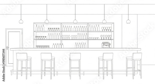 Sketch of a bar interior with stools and shelves.