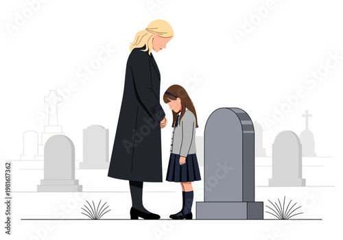 Mother and Daughter Mourning at Gravestone in Cemetery - Sad Family Bereavement and Funeral Concept Illustration