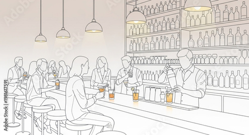 Sketch of a bar scene with people enjoying drinks.