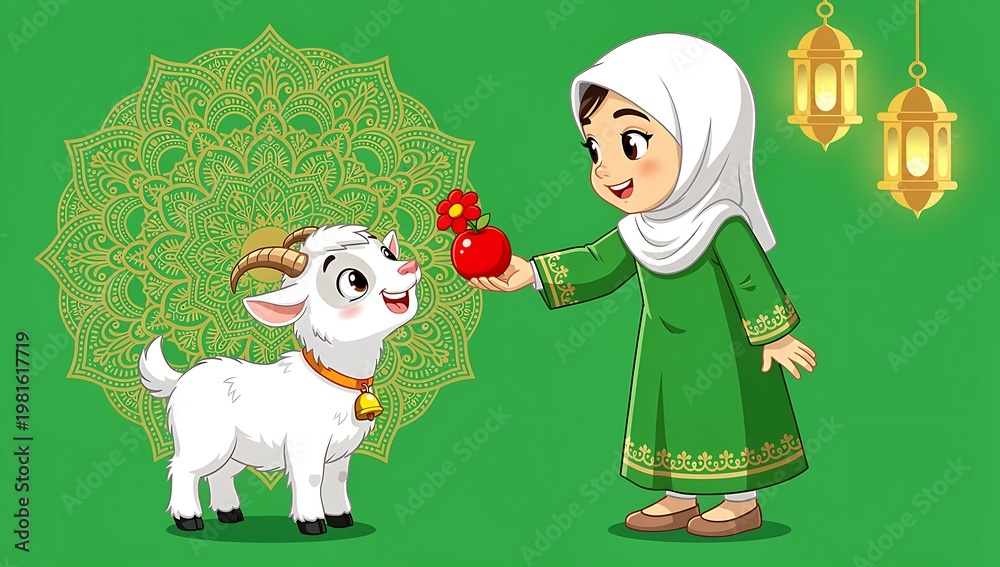 Naklejka premium Eid Al-Adha A cartoon girl in a green dress and white hijab offering an apple to a smiling white goat with a yellow mandala and lanterns in the background