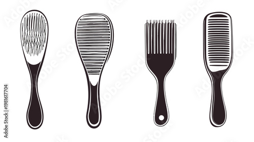 Four black and white illustrations of hairbrushes with different bristle types against a white backdrop