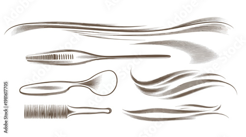 Stylized illustrations showcasing hair styling tools, including a comb, spoon, and flowing brush strokes