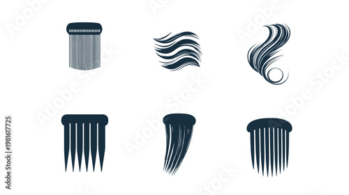 Stylized depictions of combs and hair strands, featuring various artistic brushstroke styles