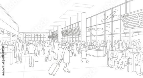 Sketch of a bustling airport terminal with travelers and luggage.