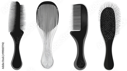 Four black hairbrushes, combs, and tools, each with a different design, against a white backdrop