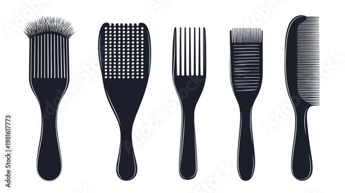 Black and white illustration of different types of hairbrushes and combs