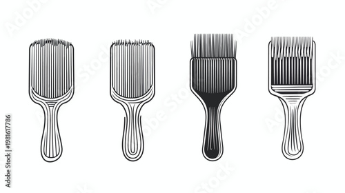 Four stylized, graphic combs in various forms, rendered in black and white, against a white background