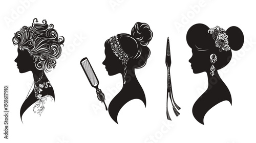 Silhouettes of elegant women with detailed hairstyles, jewelry, and styling tools on white background