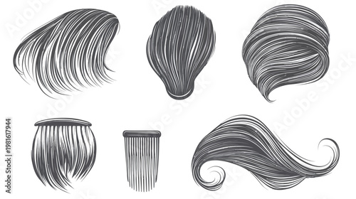 Artistic black and gray hair illustrations, six different styles, on a white background