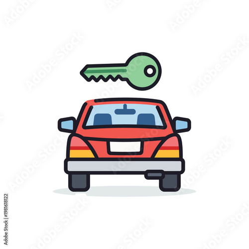 Vector of a red car with a green key hovering above it.