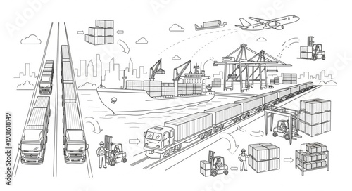 Sketch of a bustling industrial scene with transport and infrastructure.