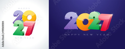 Happy New Year 2017 and 2019 celebration colorful numbers on white and blue backgrounds