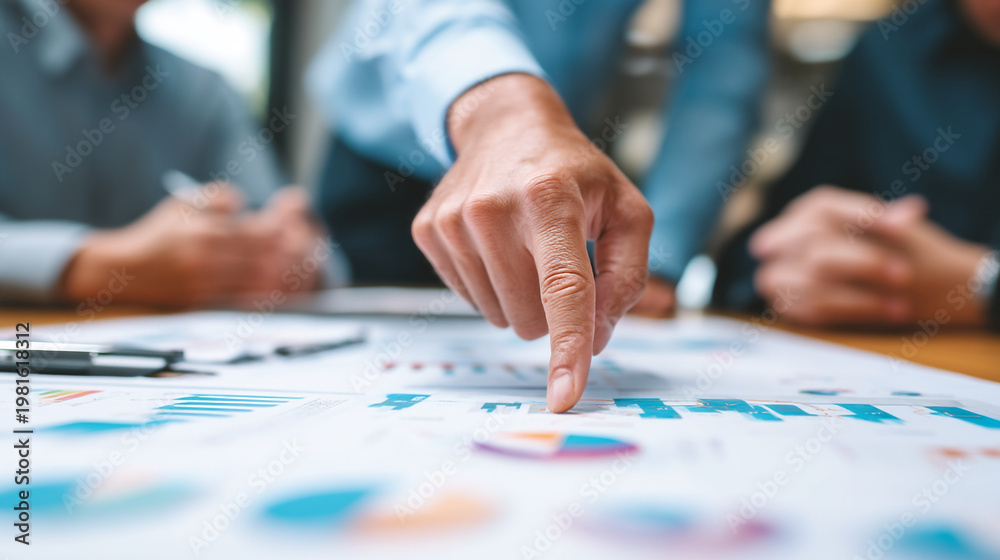 Fototapeta premium man points to a business chart on a table in a meeting with colleagues