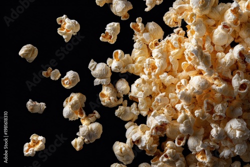 Heap of fluffy, light beige popcorn spills diagonally down across a stark black backdrop