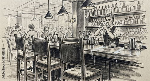 Sketch of a busy bar scene with bartender and patrons.