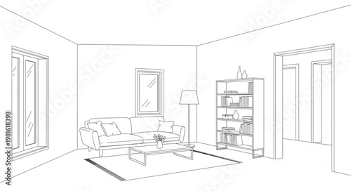 Sketch of a cozy living room interior design.