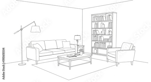 Sketch of a Cozy Living Room Interior Design.