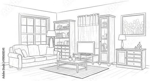 Sketch of a Cozy Living Room Interior Design.