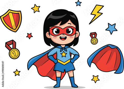 Cute superhero girl character vector set, brave little girl in blue costume with red cape, heroic child icons with shield and medals