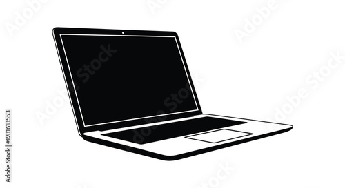 A sleek modern laptop is depicted in a stark black and white silhouette