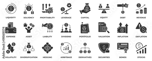 Finance Icon Set Collection. Containing Icon finance, liquidity, solvency, profitability, leverage, capital, equity, debt, revenue, expense, asset and more. Glyph Style Icon Vector Illustration.