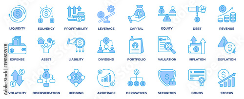 Finance Icon Set Collection. Containing Icon finance, liquidity, solvency, profitability, leverage, capital, equity, debt, revenue, expense, asset and more. Blue Style Icon Vector Illustration.