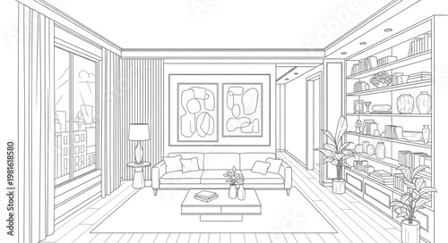 Sketch of a Cozy Living Room Interior Design.