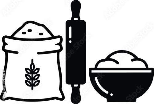 Baking ingredients vector icon set, flour sack with wheat ear and rolling pin, dough bowl for bakery logo and pastry shop branding