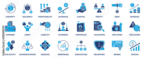 Finance Icon Set Collection. Containing Icon finance, liquidity, solvency, profitability, leverage, capital, equity, debt, revenue, expense, asset and more. Flat Style Icon Vector Illustration.