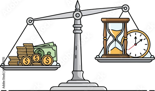Balanced metal scales weighing stacks of gold coins and paper money against a ticking clock and an antique sand hourglass