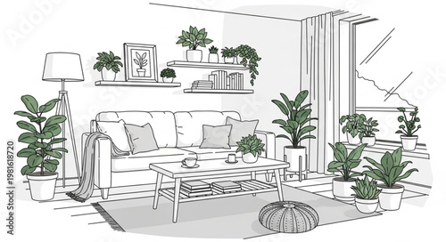 Sketch of a cozy living room interior with plants.