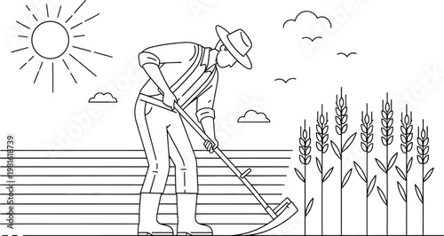 A traditional farmer diligently harvests ripe wheat using a sharp scythe under the warm sun in a beautiful agricultural field.