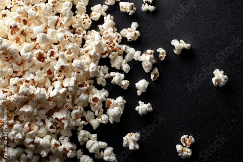 Heap of light, puffy popcorn spilling onto a dark textured surface from the upper left