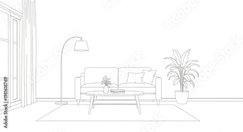 Sketch of a Cozy Living Room Interior with Sofa and Plant.