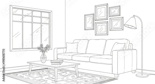 Sketch of a Cozy Living Room Interior with Sofa and Decor.