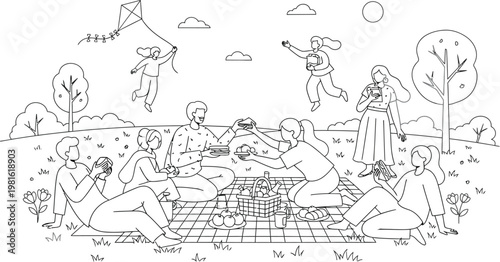 Joyful group of friends and family enjoying a delightful outdoor picnic in a scenic park, engaging in various fun recreational activities.