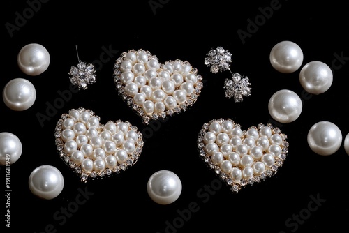 Heart brooches with pearls & crystals; scattered pearls & crystal earrings on black